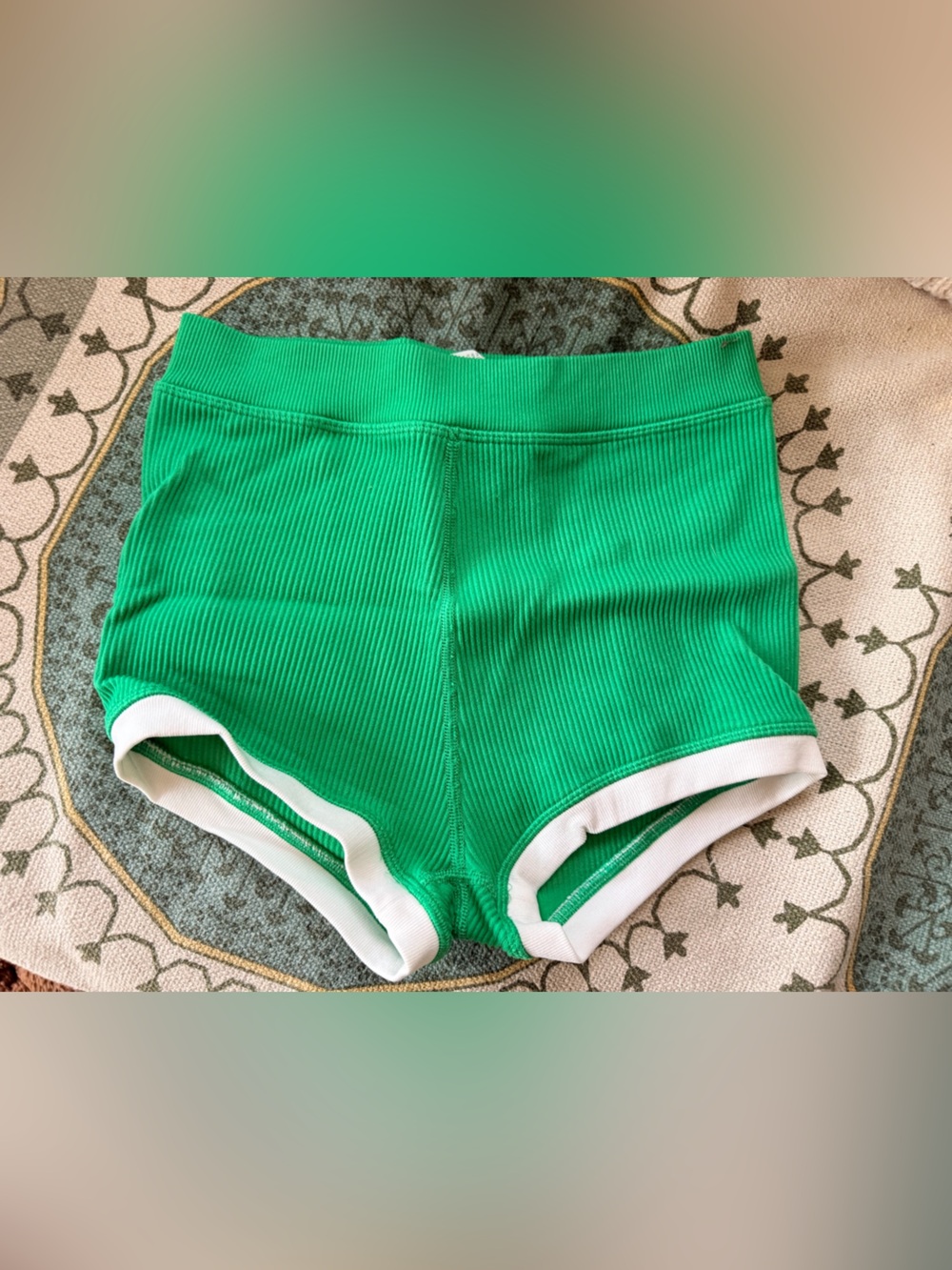 Green Ribbed Women’s Shorts with White Trim